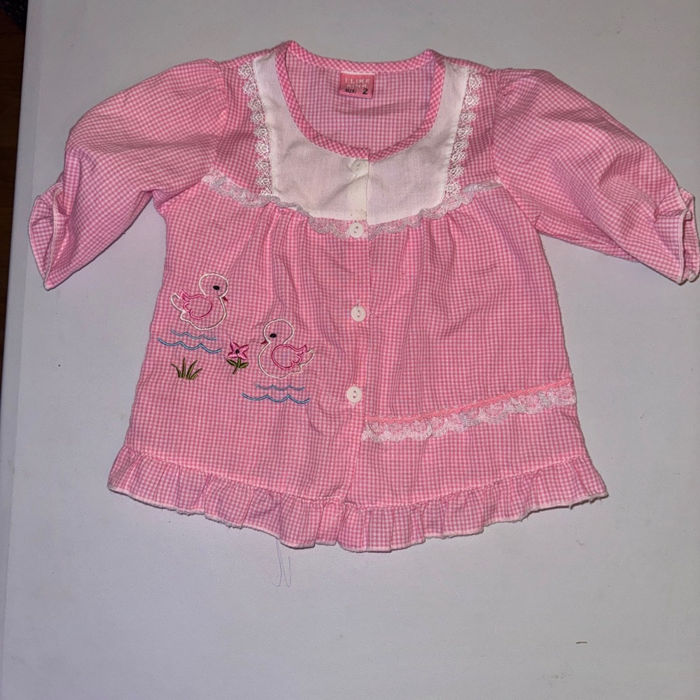 I Like Pink Gingham Blouse Toddler Size 2 Pink Embroidered Duck Lace Trim Ruffle